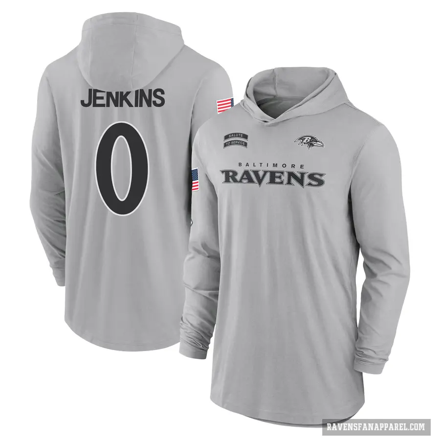 Men's ＃0 John Jenkins Baltimore Ravens Gray 2024 Salute to Service Lightweight Performance Long Sleeve Hooded T-Shirt
