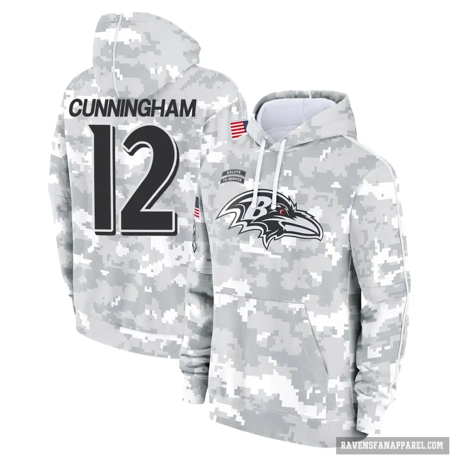 Men's ＃12 Malik Cunningham Baltimore Ravens Arctic Camo 2024 Salute to Service Club Fleece Pullover Hoodie