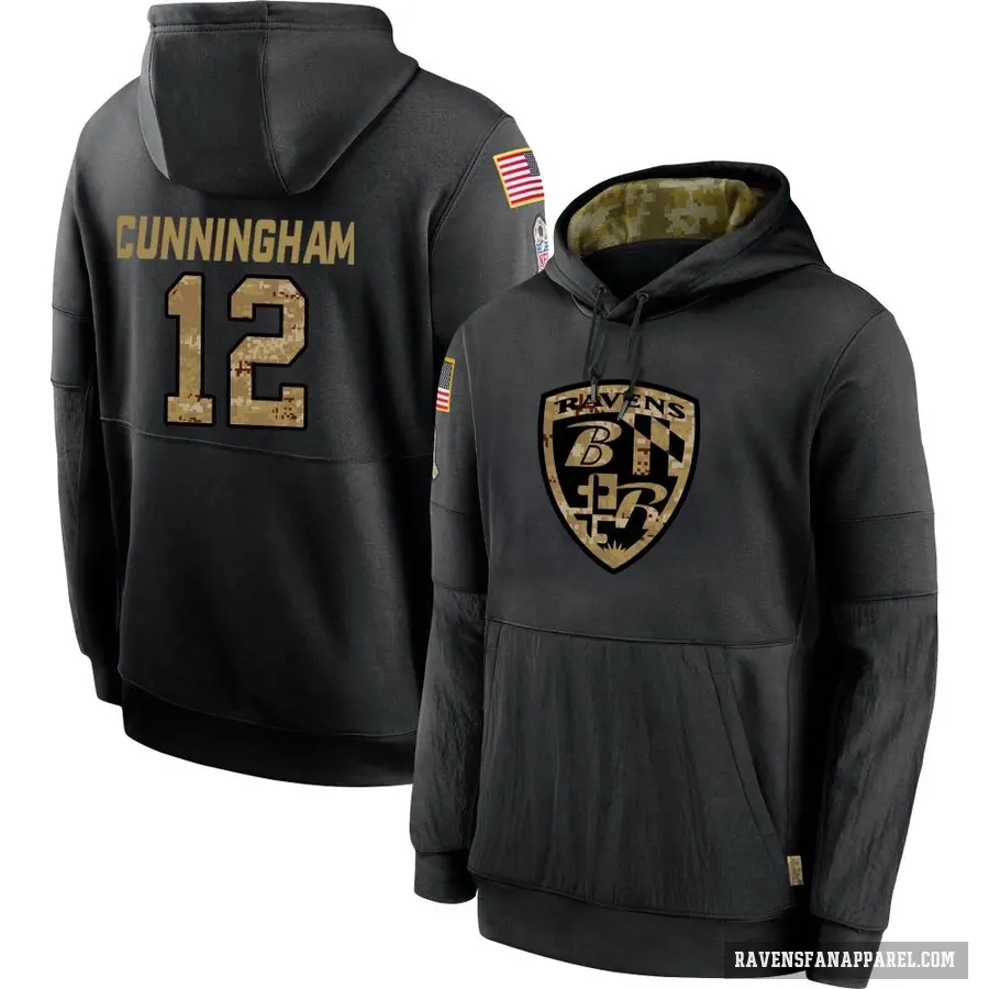 Men's ＃12 Malik Cunningham Baltimore Ravens Black 2020 Salute to Service Sideline Performance Pullover Hoodie