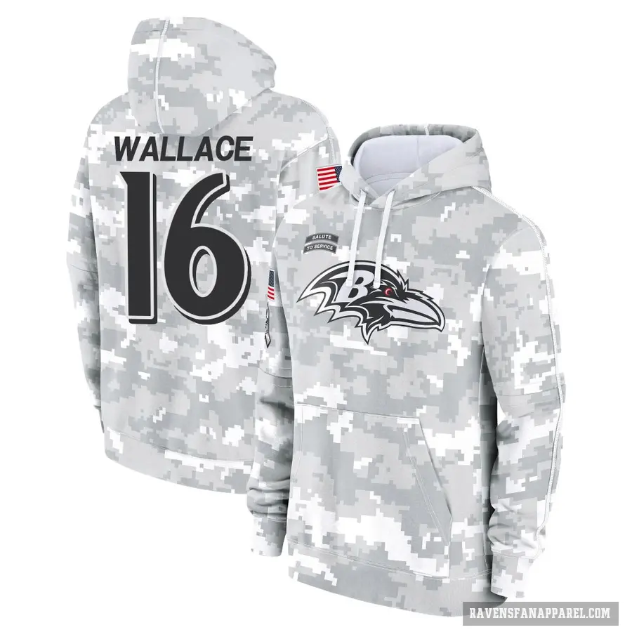 Men's ＃16 Tylan Wallace Baltimore Ravens Arctic Camo 2024 Salute to Service Club Fleece Pullover Hoodie
