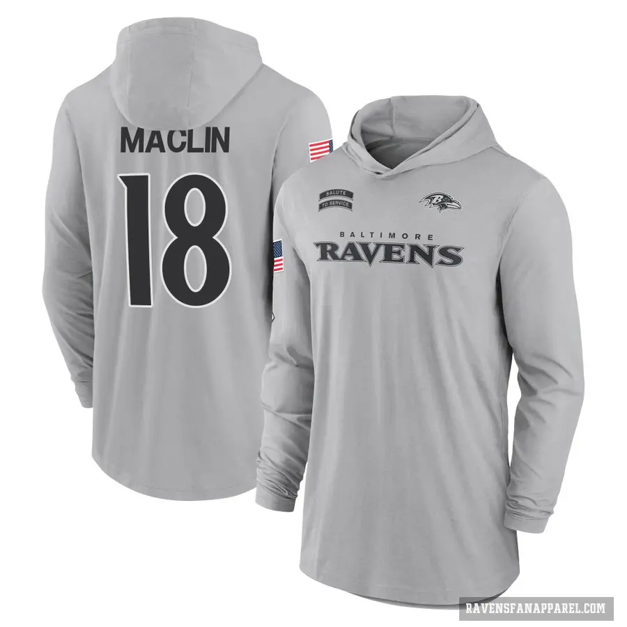 Men's ＃18 Jeremy Maclin Baltimore Ravens Gray 2024 Salute to Service Lightweight Performance Long Sleeve Hooded T-Shirt