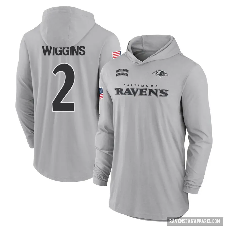 Men's ＃2 Nate Wiggins Baltimore Ravens Gray 2024 Salute to Service Lightweight Performance Long Sleeve Hooded T-Shirt