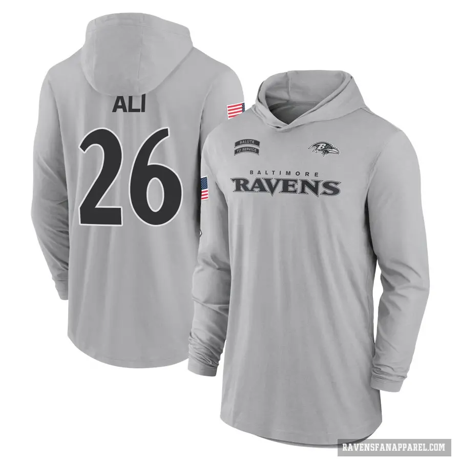 Men's ＃26 Rasheen Ali Baltimore Ravens Gray 2024 Salute to Service Lightweight Performance Long Sleeve Hooded T-Shirt