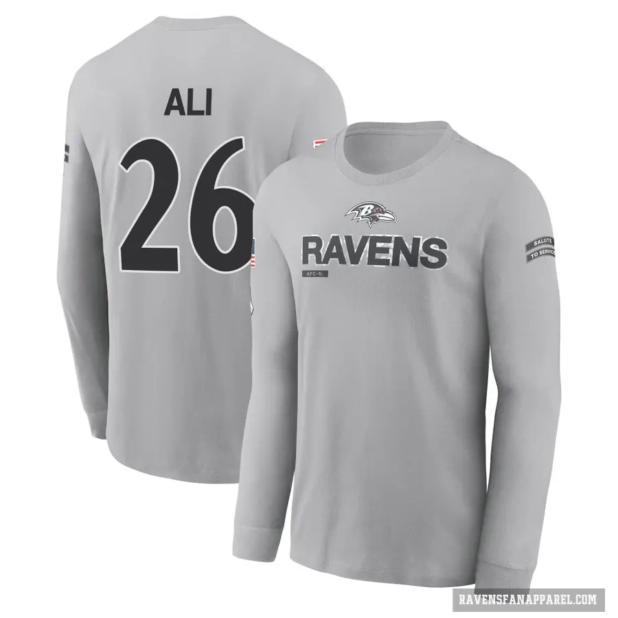 Men's ＃26 Rasheen Ali Baltimore Ravens Gray 2024 Salute to Service Long Sleeve T-Shirt