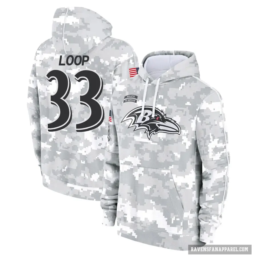 Men's ＃33 Tyler Loop Baltimore Ravens Arctic Camo 2024 Salute to Service Club Fleece Pullover Hoodie