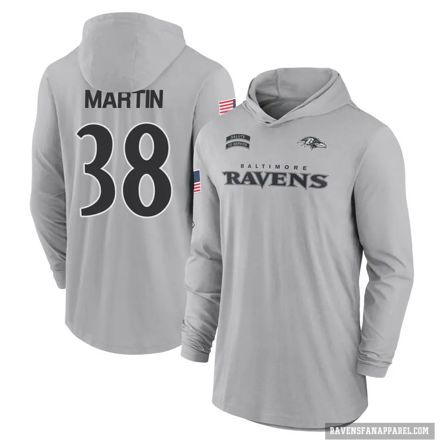 Men's ＃38 Keyon Martin Baltimore Ravens Gray 2024 Salute to Service Lightweight Performance Long Sleeve Hooded T-Shirt