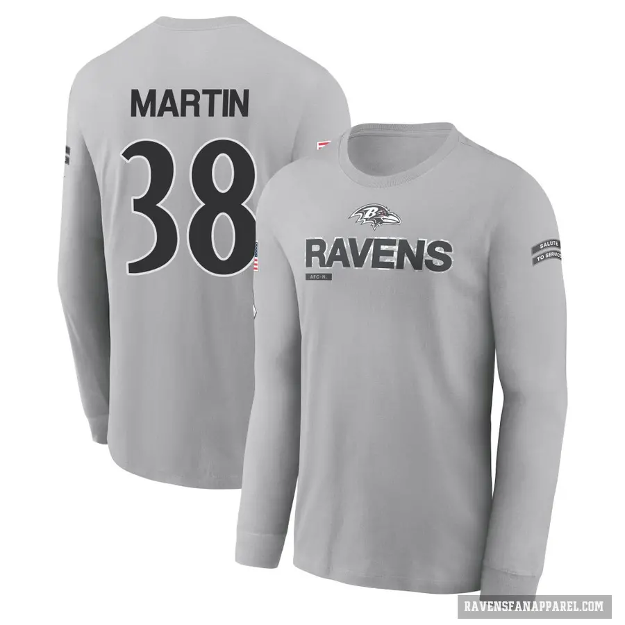 Men's ＃38 Keyon Martin Baltimore Ravens Gray 2024 Salute to Service Long Sleeve T-Shirt