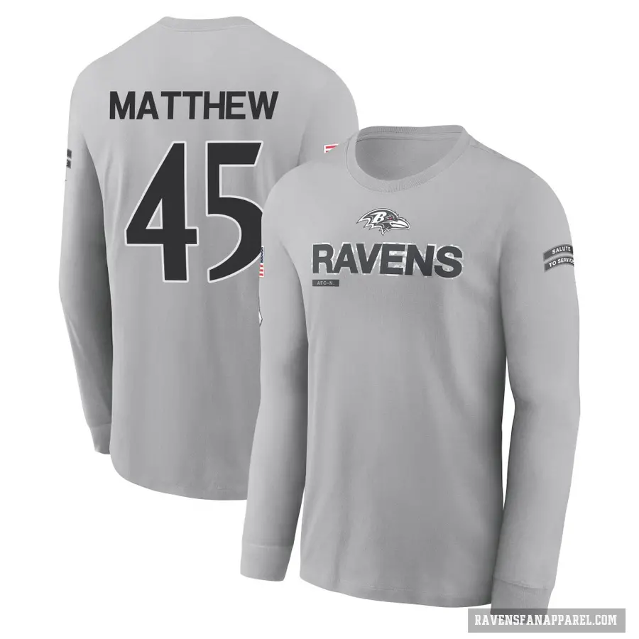 Men's ＃45 Christian Matthew Baltimore Ravens Gray 2024 Salute to Service Long Sleeve T-Shirt