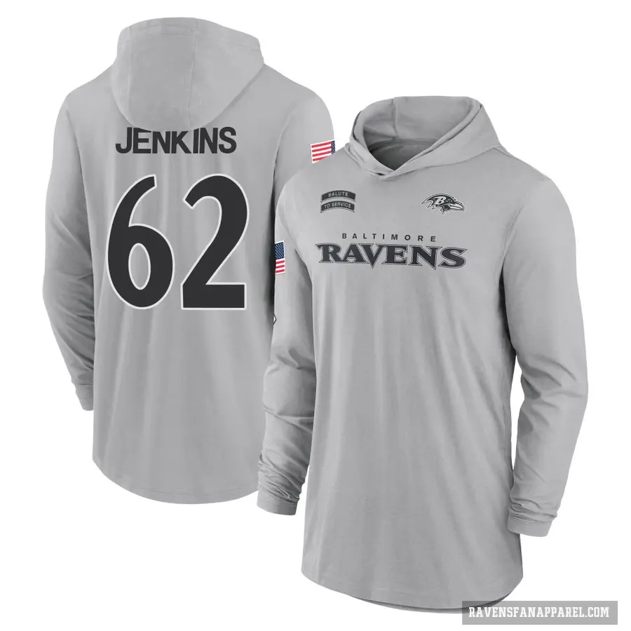 Men's ＃62 John Jenkins Baltimore Ravens Gray 2024 Salute to Service Lightweight Performance Long Sleeve Hooded T-Shirt