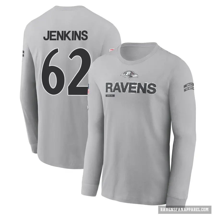 Men's ＃62 John Jenkins Baltimore Ravens Gray 2024 Salute to Service Long Sleeve T-Shirt