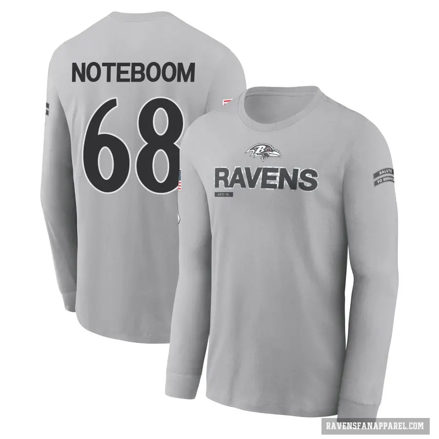 Men's ＃68 Joe Noteboom Baltimore Ravens Gray 2024 Salute to Service Long Sleeve T-Shirt