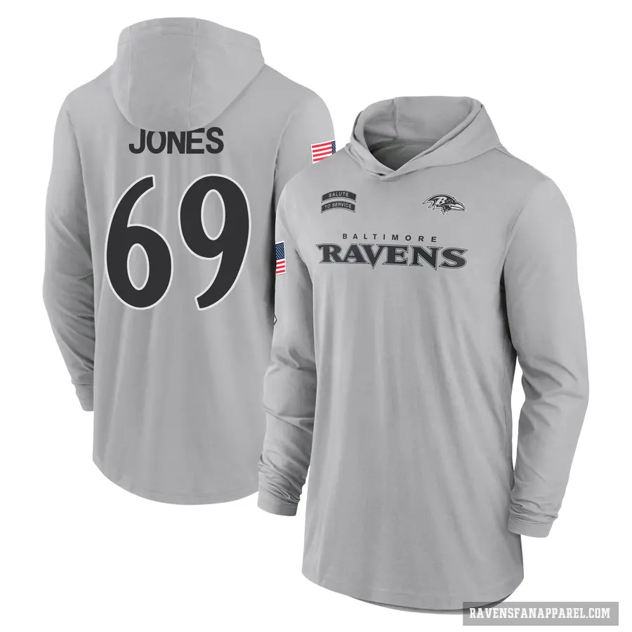 Men's ＃69 Jayson Jones Baltimore Ravens Gray 2024 Salute to Service Lightweight Performance Long Sleeve Hooded T-Shirt