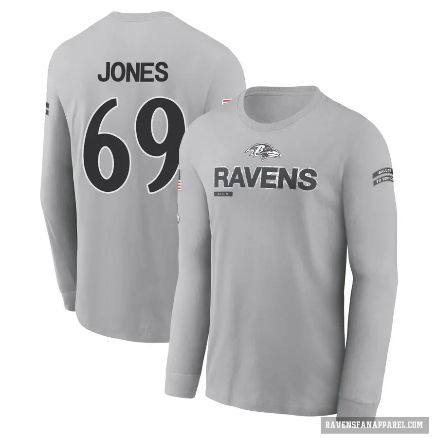 Men's ＃69 Jayson Jones Baltimore Ravens Gray 2024 Salute to Service Long Sleeve T-Shirt