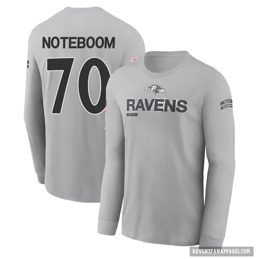 Men's ＃70 Joe Noteboom Baltimore Ravens Gray 2024 Salute to Service Long Sleeve T-Shirt