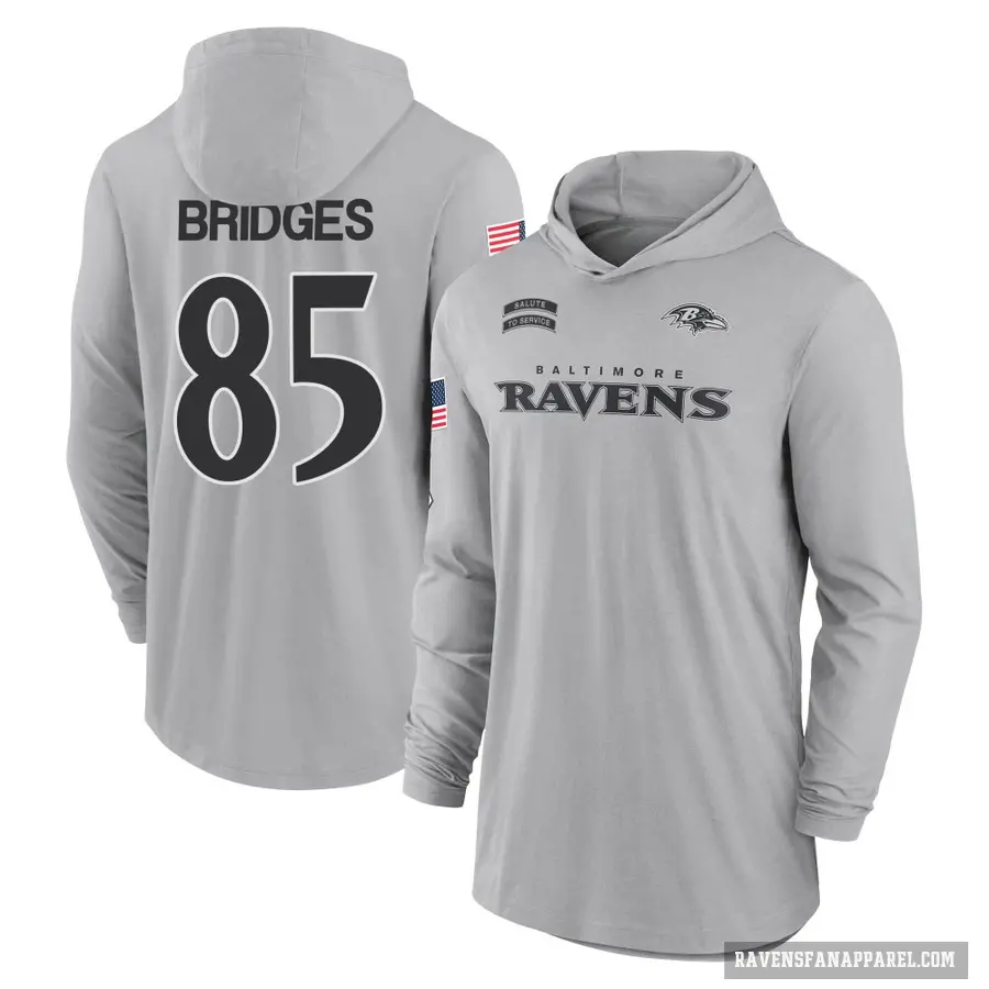 Men's ＃85 Shemar Bridges Baltimore Ravens Gray 2024 Salute to Service Lightweight Performance Long Sleeve Hooded T-Shirt