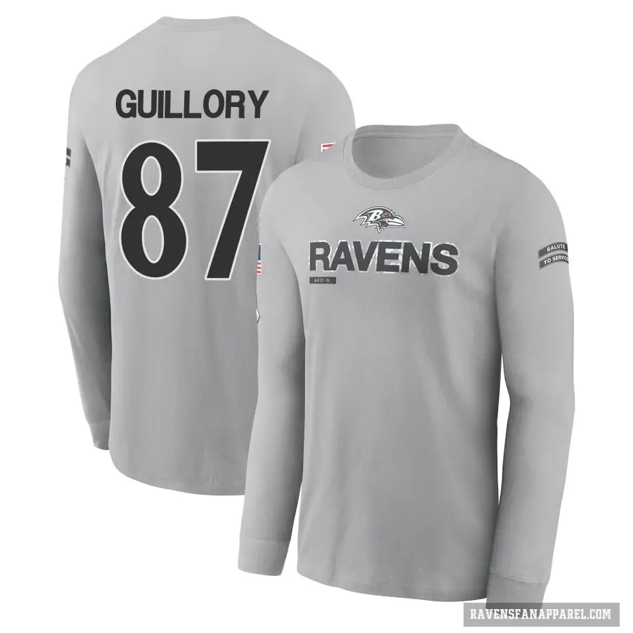 Men's ＃87 Xavier Guillory Baltimore Ravens Gray 2024 Salute to Service Long Sleeve T-Shirt