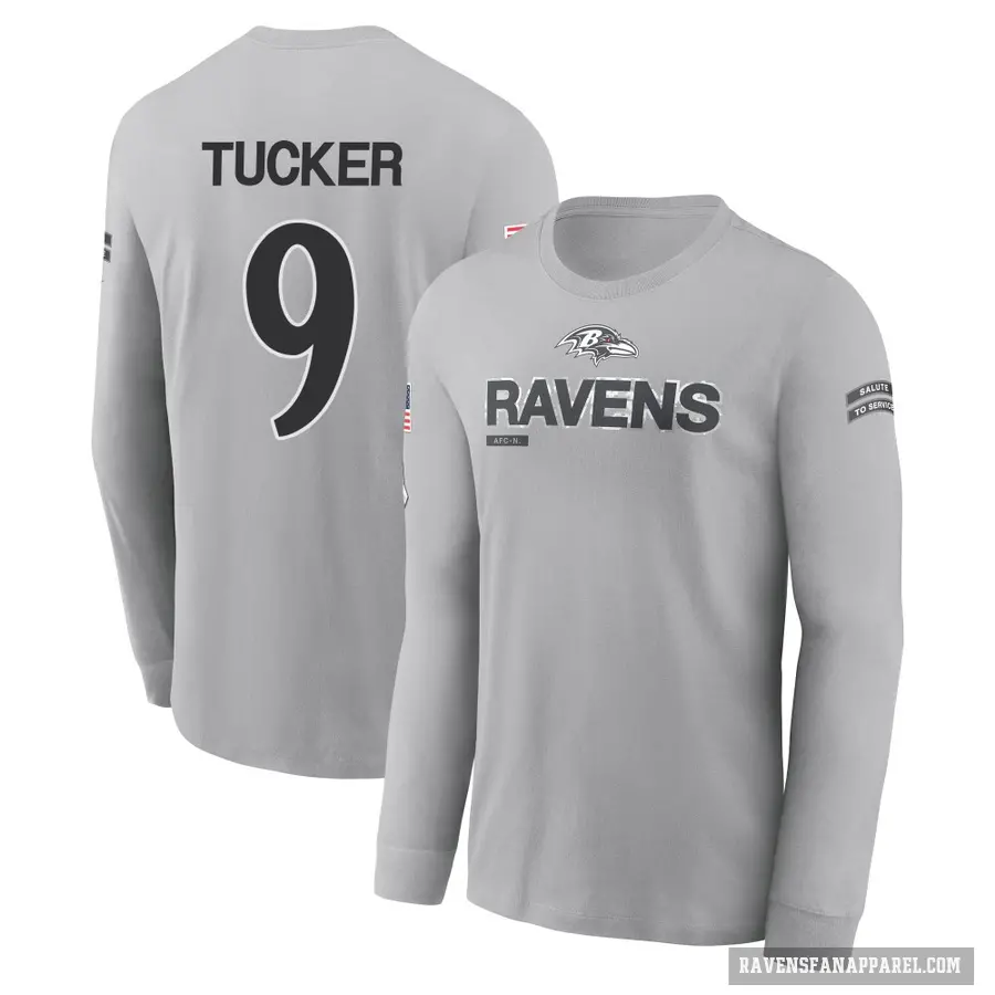 Men's ＃9 Justin Tucker Baltimore Ravens Gray 2024 Salute to Service Long Sleeve T-Shirt