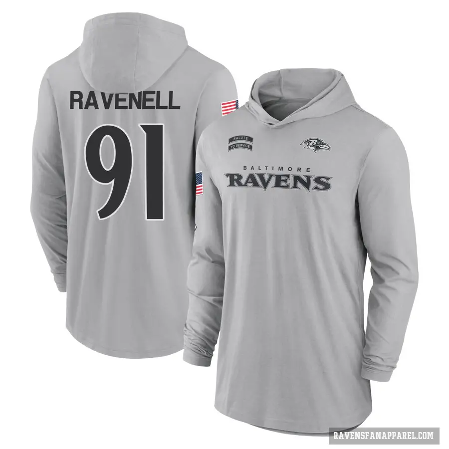 Men's ＃91 C.J. Ravenell Baltimore Ravens Gray 2024 Salute to Service Lightweight Performance Long Sleeve Hooded T-Shirt