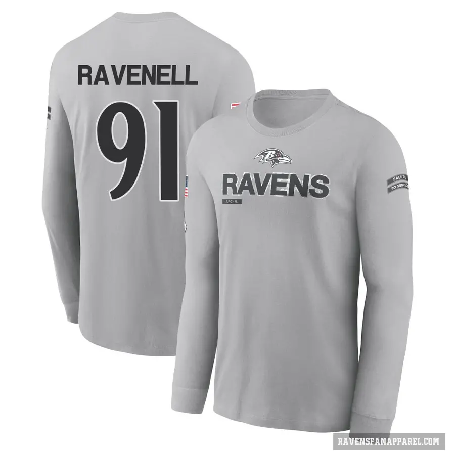 Men's ＃91 C.J. Ravenell Baltimore Ravens Gray 2024 Salute to Service Long Sleeve T-Shirt