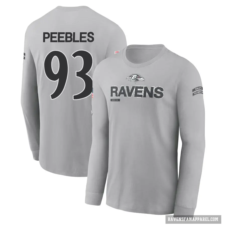 Men's ＃93 Aeneas Peebles Baltimore Ravens Gray 2024 Salute to Service Long Sleeve T-Shirt