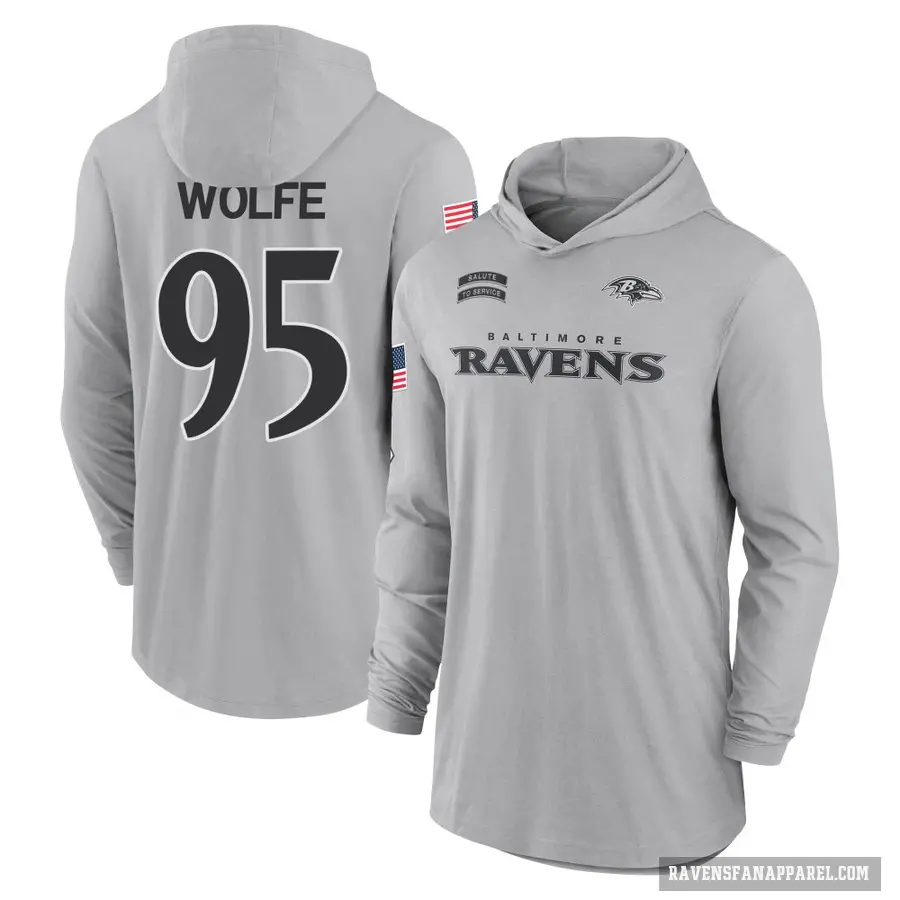 Men's ＃95 Derek Wolfe Baltimore Ravens Gray 2024 Salute to Service Lightweight Performance Long Sleeve Hooded T-Shirt