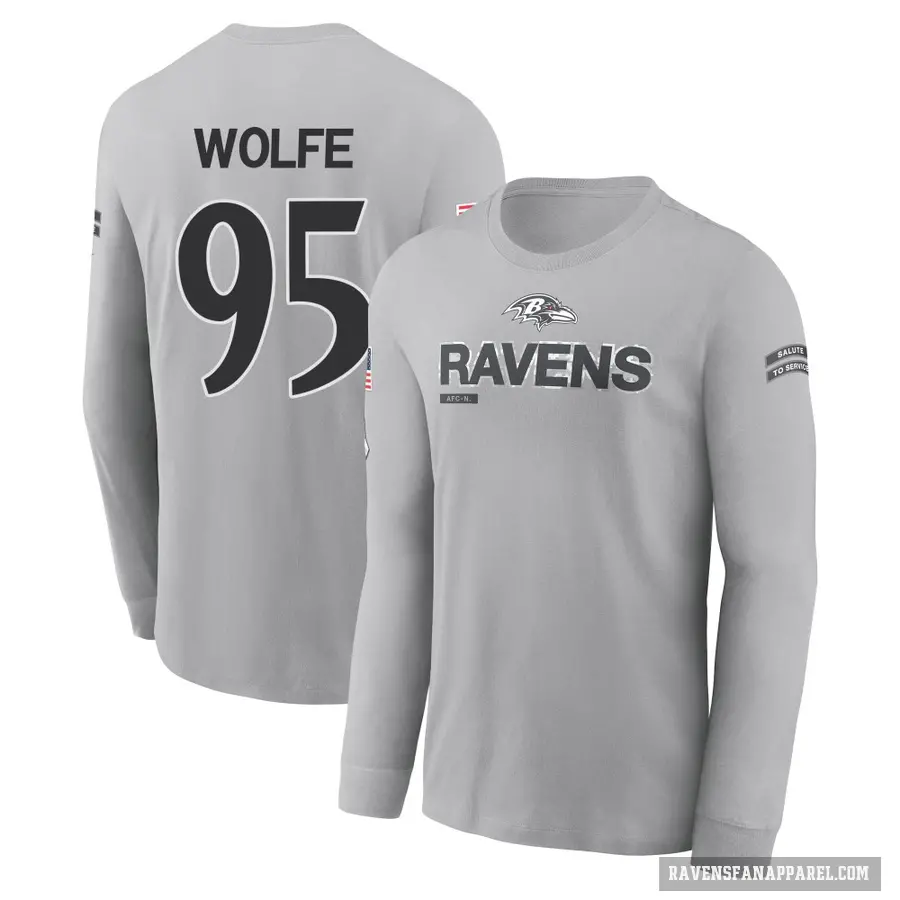 Men's ＃95 Derek Wolfe Baltimore Ravens Gray 2024 Salute to Service Long Sleeve T-Shirt