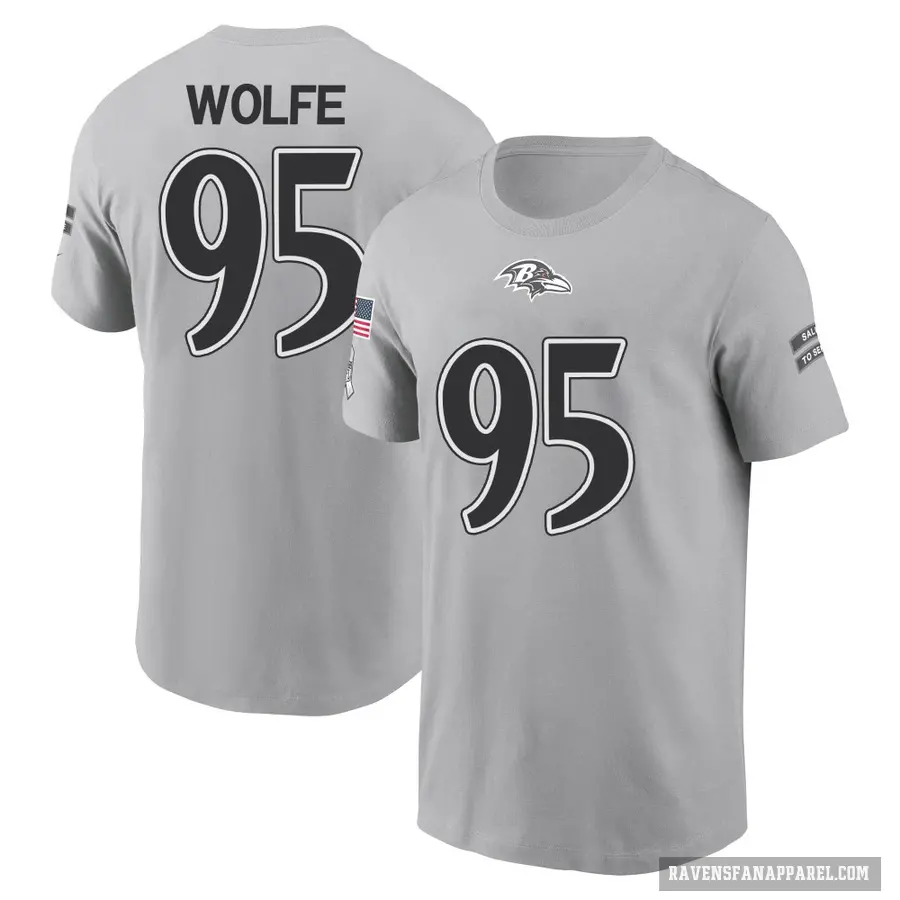 Men's ＃95 Derek Wolfe Baltimore Ravens Gray 2024 Salute to Service T-Shirt