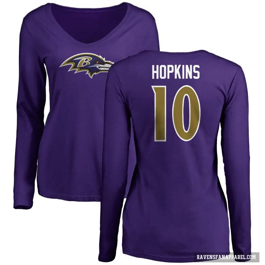 Women's ＃10 DeAndre Hopkins Baltimore Ravens Purple Logo Long Sleeve T-Shirt