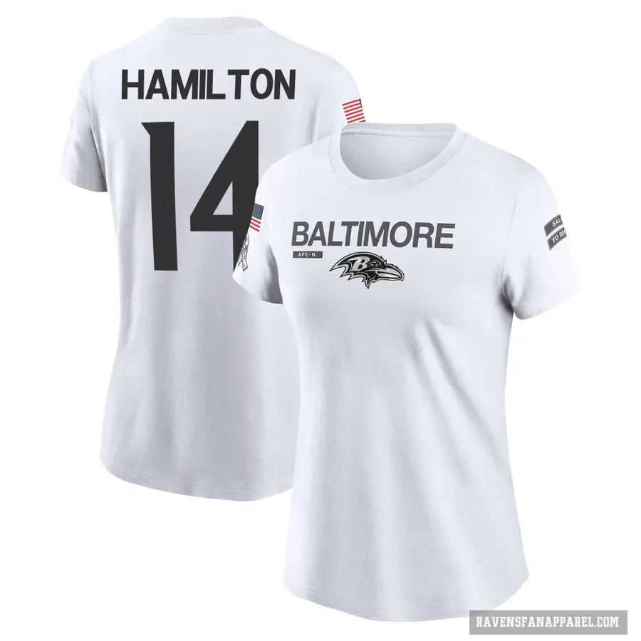 Women's ＃14 Kyle Hamilton Baltimore Ravens White 2024 Salute to Service Performance T-Shirt