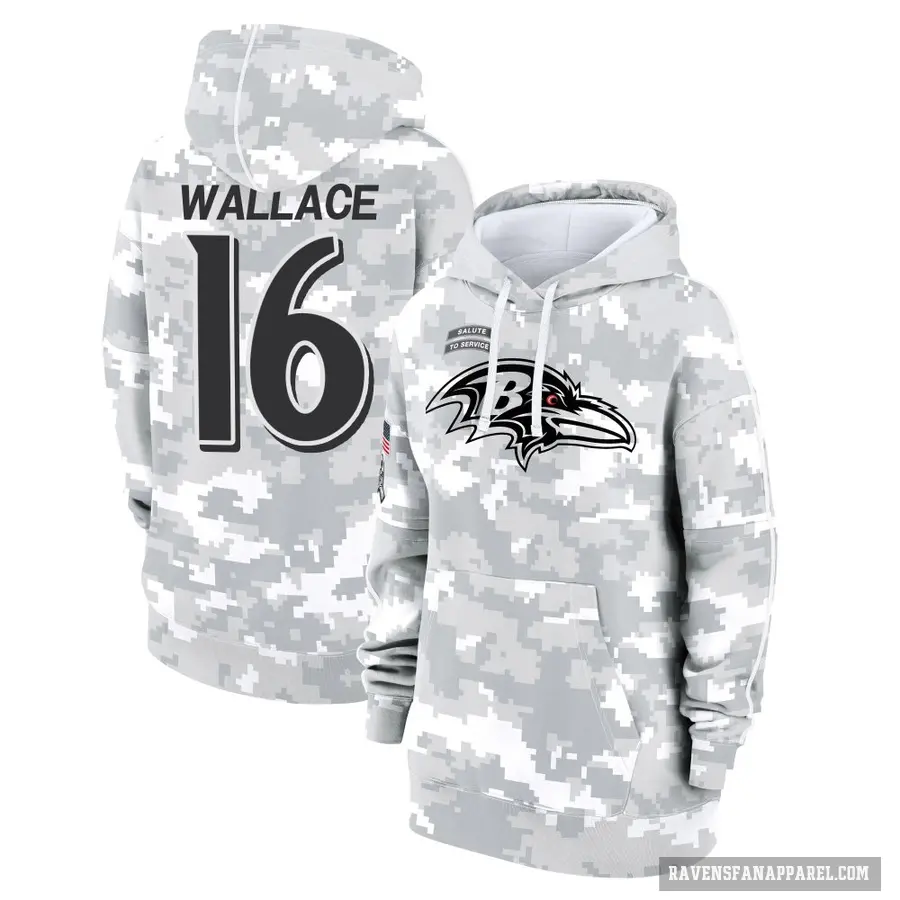 Women's ＃16 Tylan Wallace Baltimore Ravens Arctic Camo 2024 Salute to Service Club Fleece Pullover Hoodie