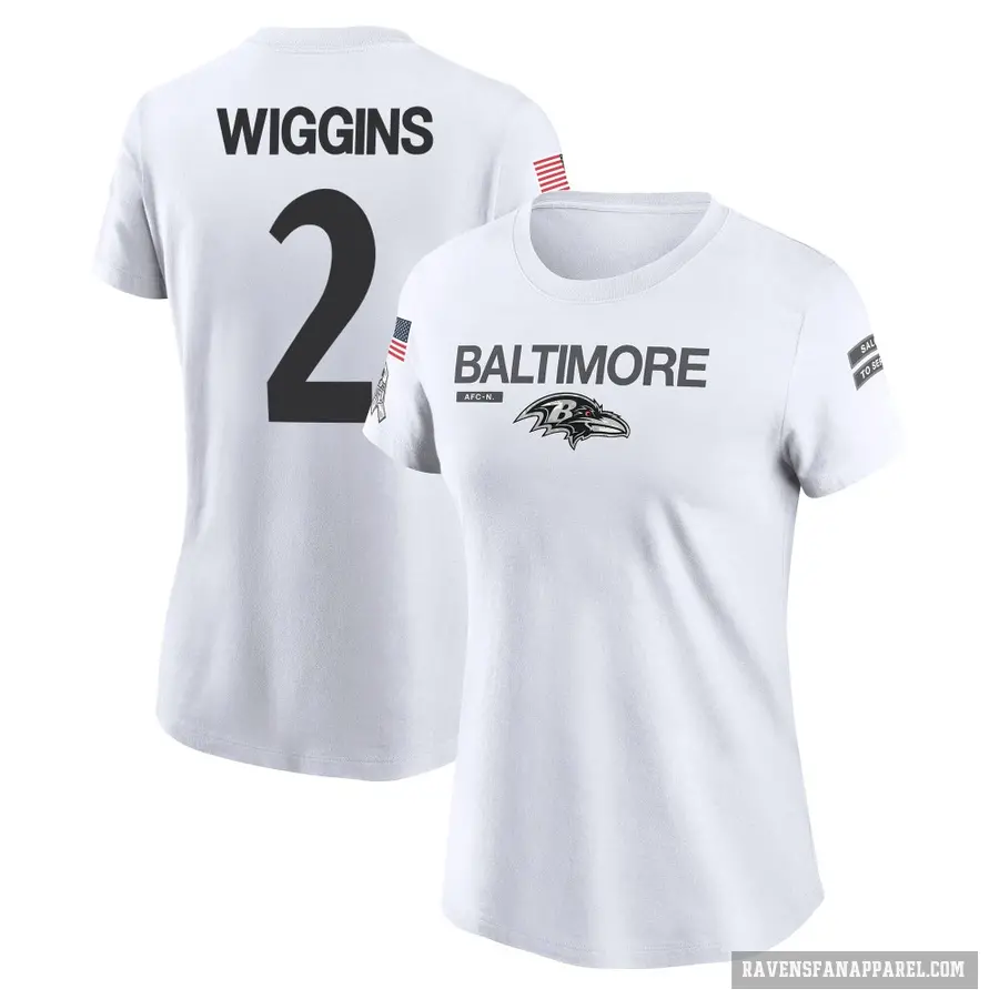 Women's ＃2 Nate Wiggins Baltimore Ravens White 2024 Salute to Service Performance T-Shirt