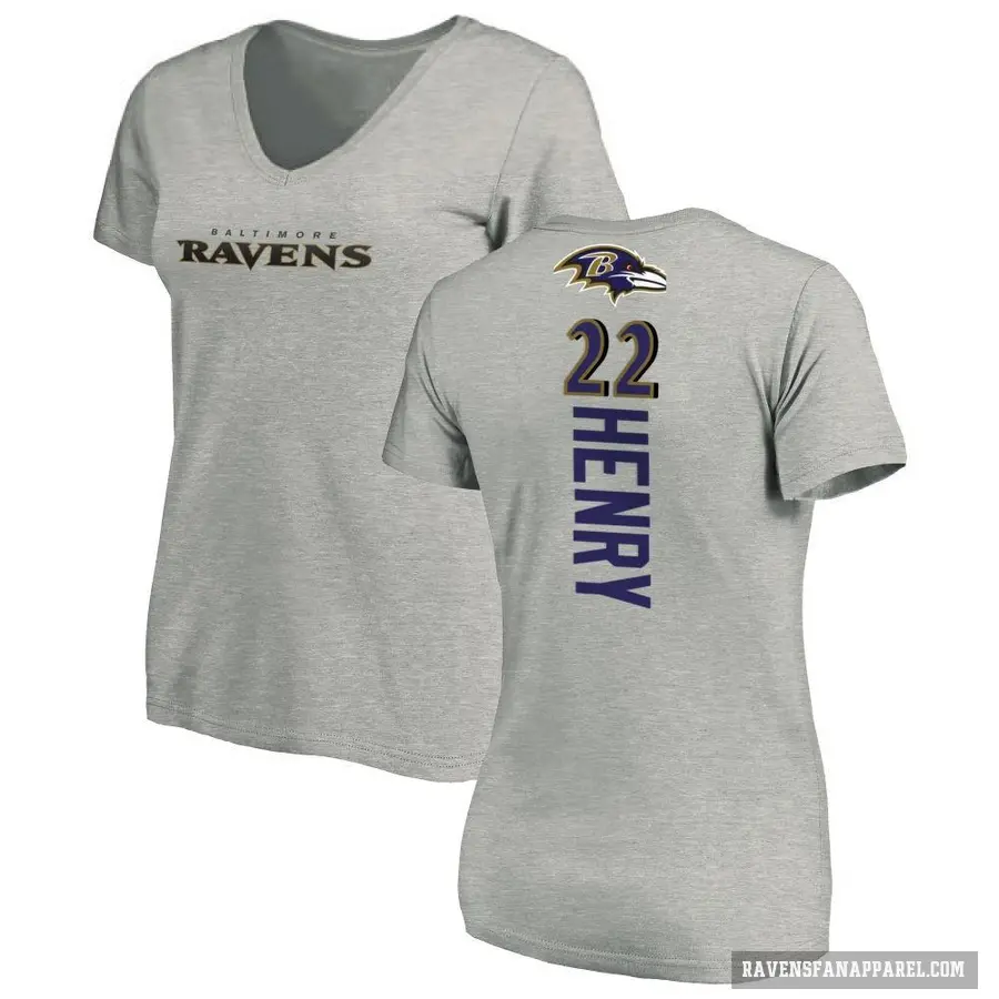 Women's ＃22 Derrick Henry Baltimore Ravens Ash Backer V-Neck T-Shirt