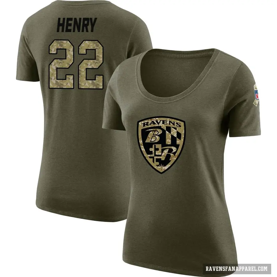 Women's ＃22 Derrick Henry Baltimore Ravens Olive Salute to Service Scoop Neck T-Shirt