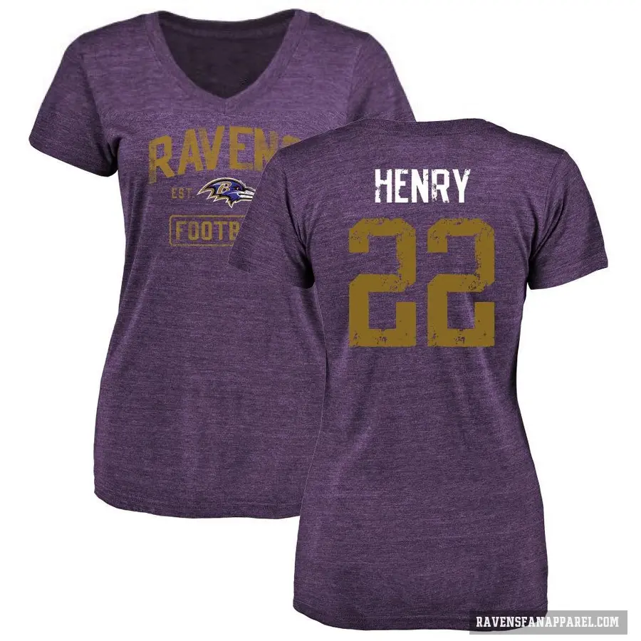 Women's ＃22 Derrick Henry Baltimore Ravens Purple Distressed V-Neck T-Shirt