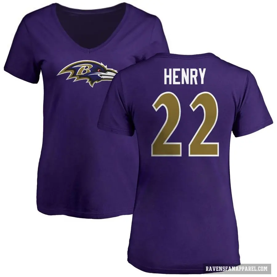 Women's ＃22 Derrick Henry Baltimore Ravens Purple Logo V-Neck T-Shirt