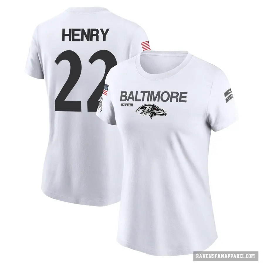 Women's ＃22 Derrick Henry Baltimore Ravens White 2024 Salute to Service Performance T-Shirt