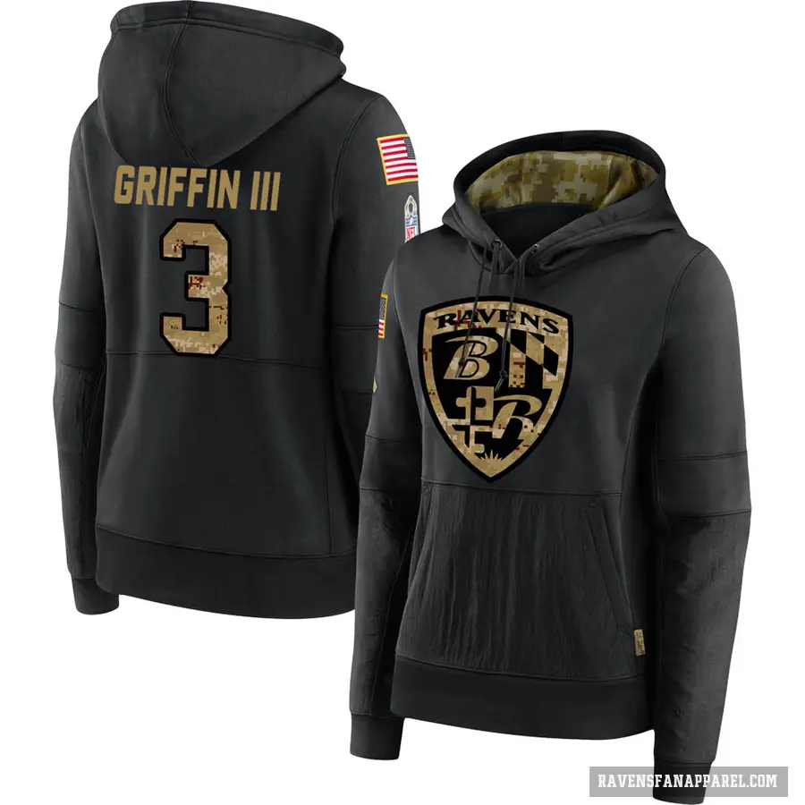 Women's ＃3 Robert Griffin III Baltimore Ravens Black 2020 Salute to Service Sideline Performance Pullover Hoodie