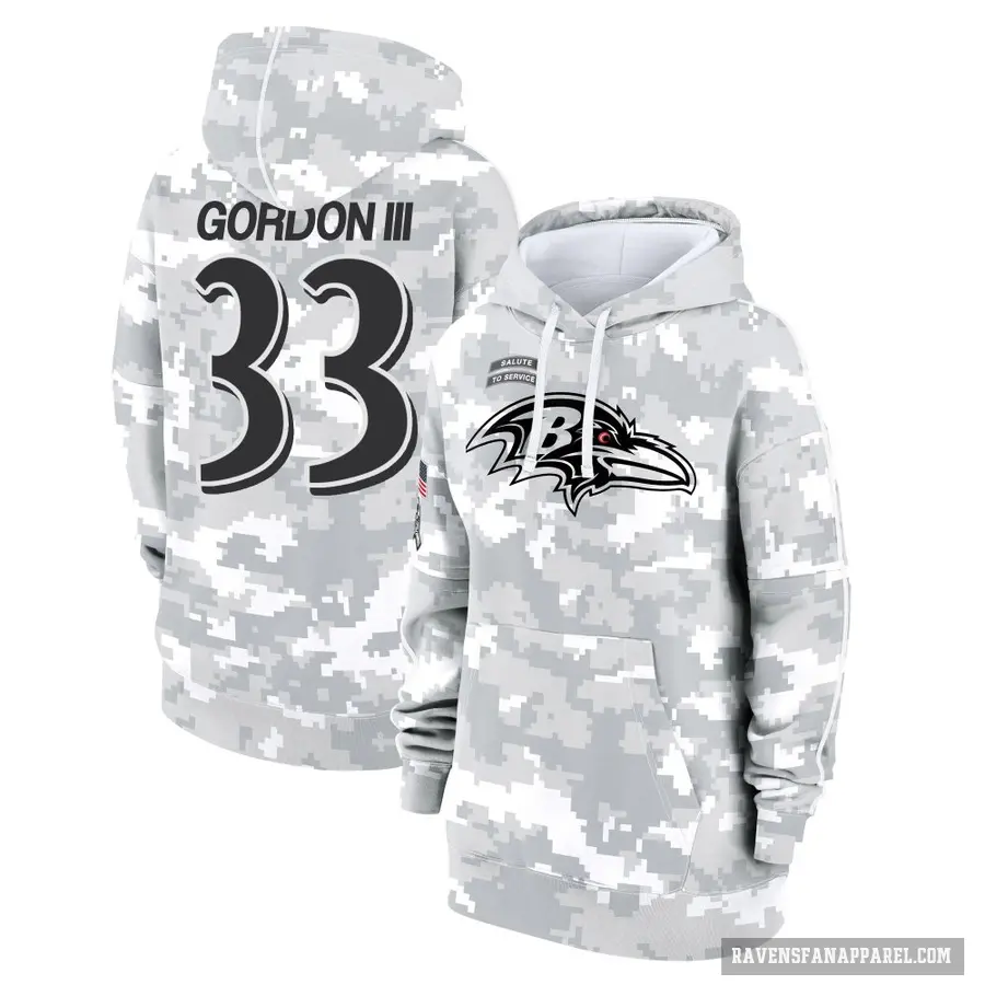 Women's ＃33 Melvin Gordon III Baltimore Ravens Arctic Camo 2024 Salute to Service Club Fleece Pullover Hoodie