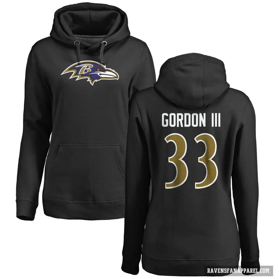 Women's ＃33 Melvin Gordon III Baltimore Ravens Black Pro Line Name & Number Logo Pullover Hoodie