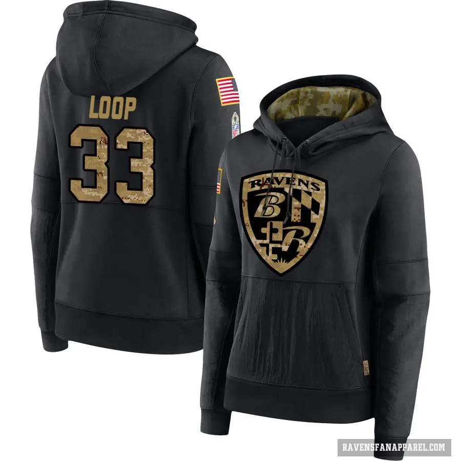 Women's ＃33 Tyler Loop Baltimore Ravens Black 2020 Salute to Service Sideline Performance Pullover Hoodie