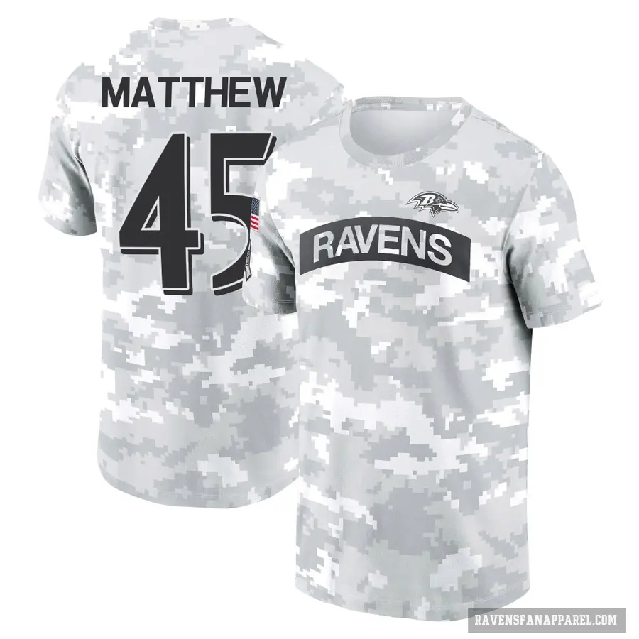 Women's ＃45 Christian Matthew Baltimore Ravens Camo Arctic 2024 Salute to Service Long Sleeve T-Shirt