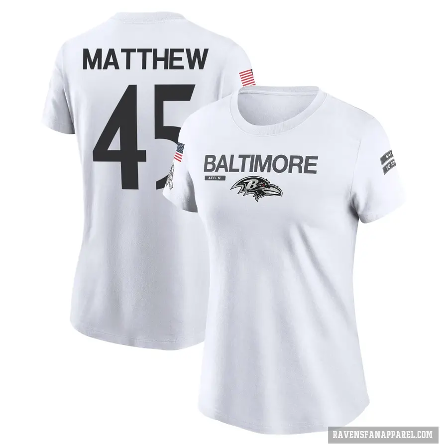 Women's ＃45 Christian Matthew Baltimore Ravens White 2024 Salute to Service Performance T-Shirt