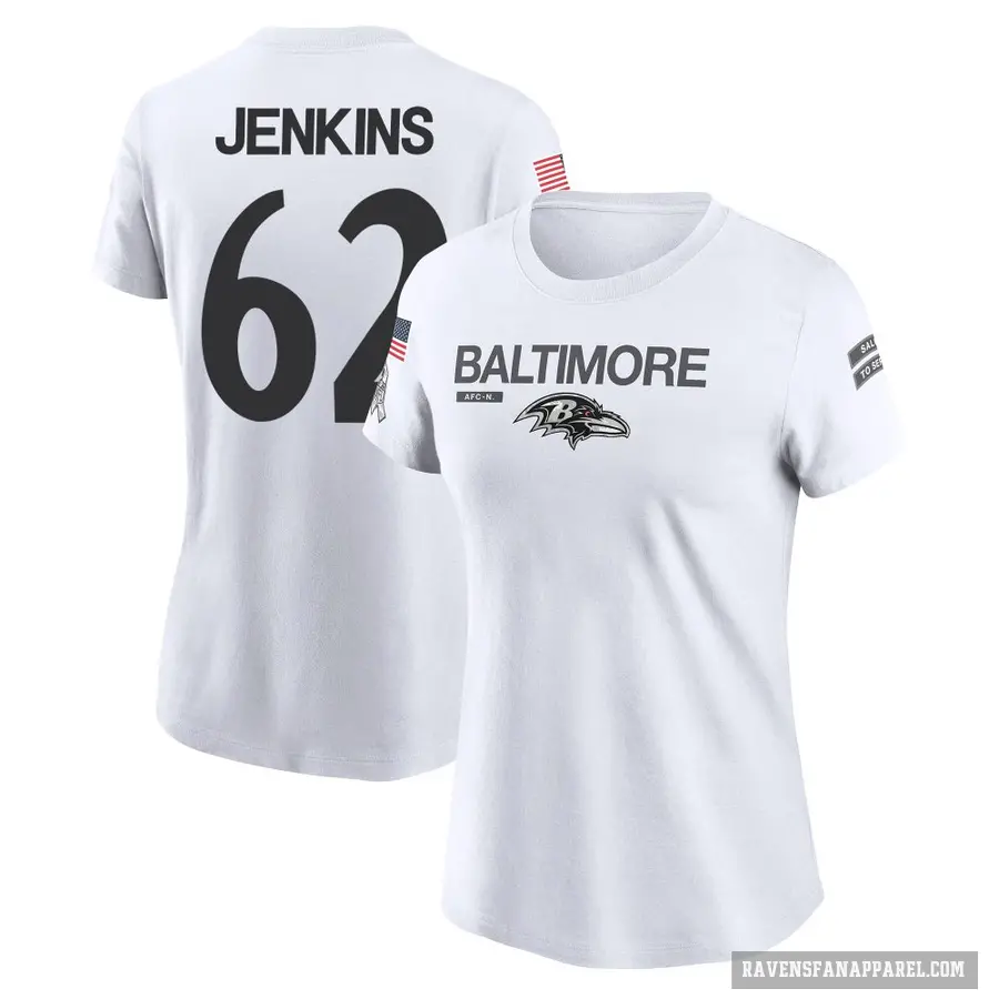 Women's ＃62 John Jenkins Baltimore Ravens White 2024 Salute to Service Performance T-Shirt