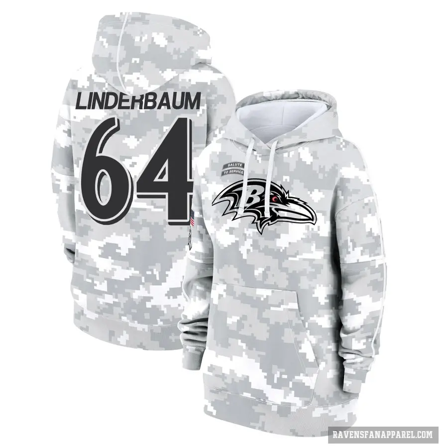 Women's ＃64 Tyler Linderbaum Baltimore Ravens Arctic Camo 2024 Salute to Service Club Fleece Pullover Hoodie