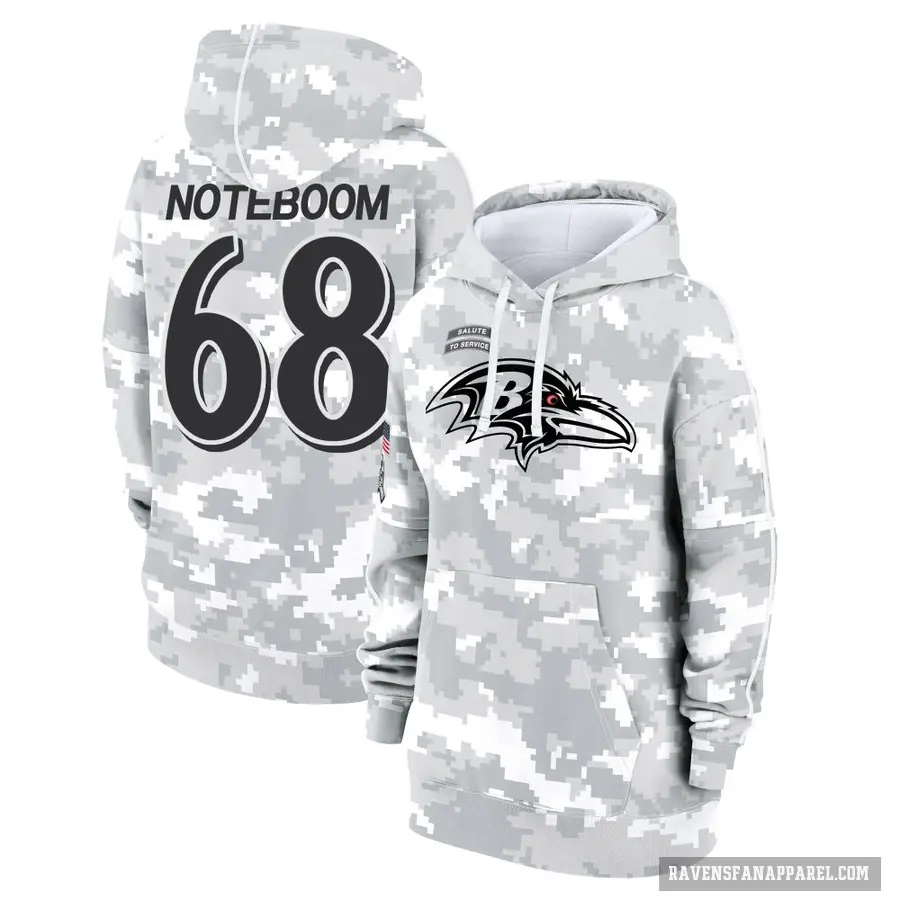 Women's ＃68 Joe Noteboom Baltimore Ravens Arctic Camo 2024 Salute to Service Club Fleece Pullover Hoodie