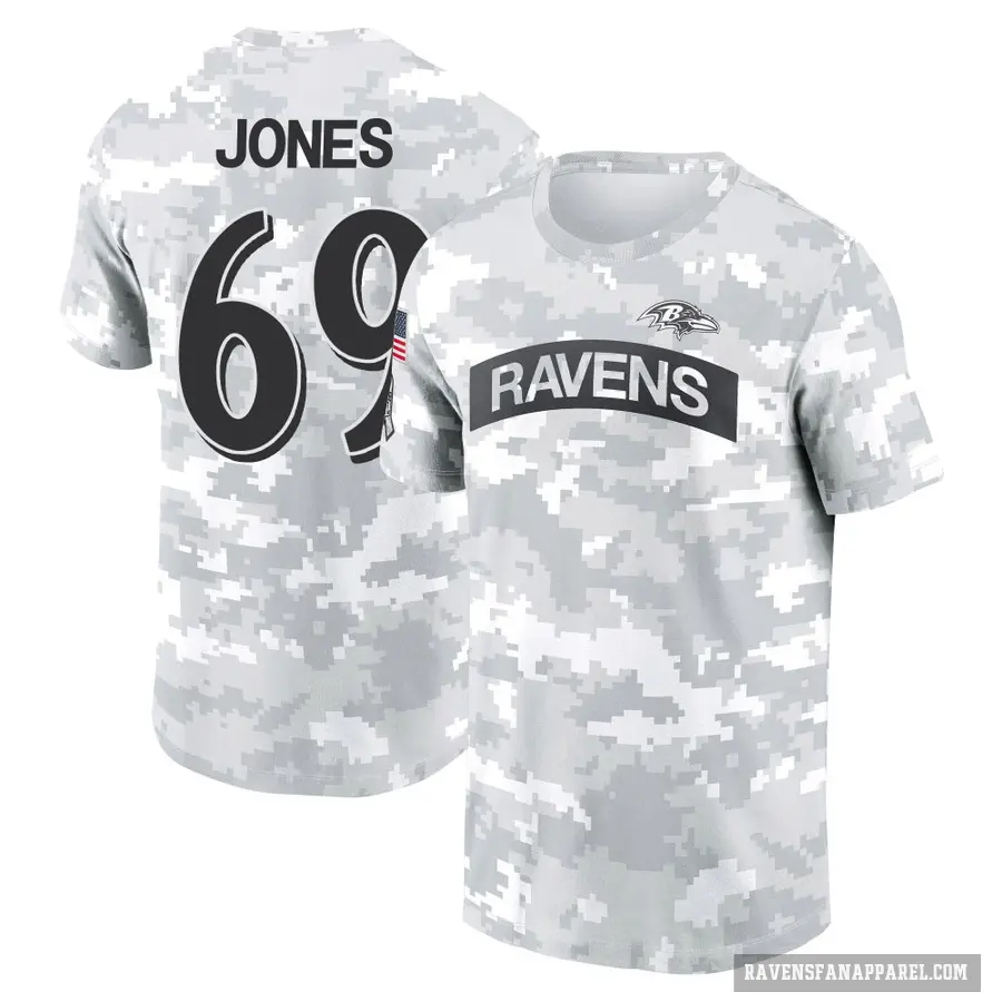 Women's ＃69 Jayson Jones Baltimore Ravens Camo Arctic 2024 Salute to Service Long Sleeve T-Shirt