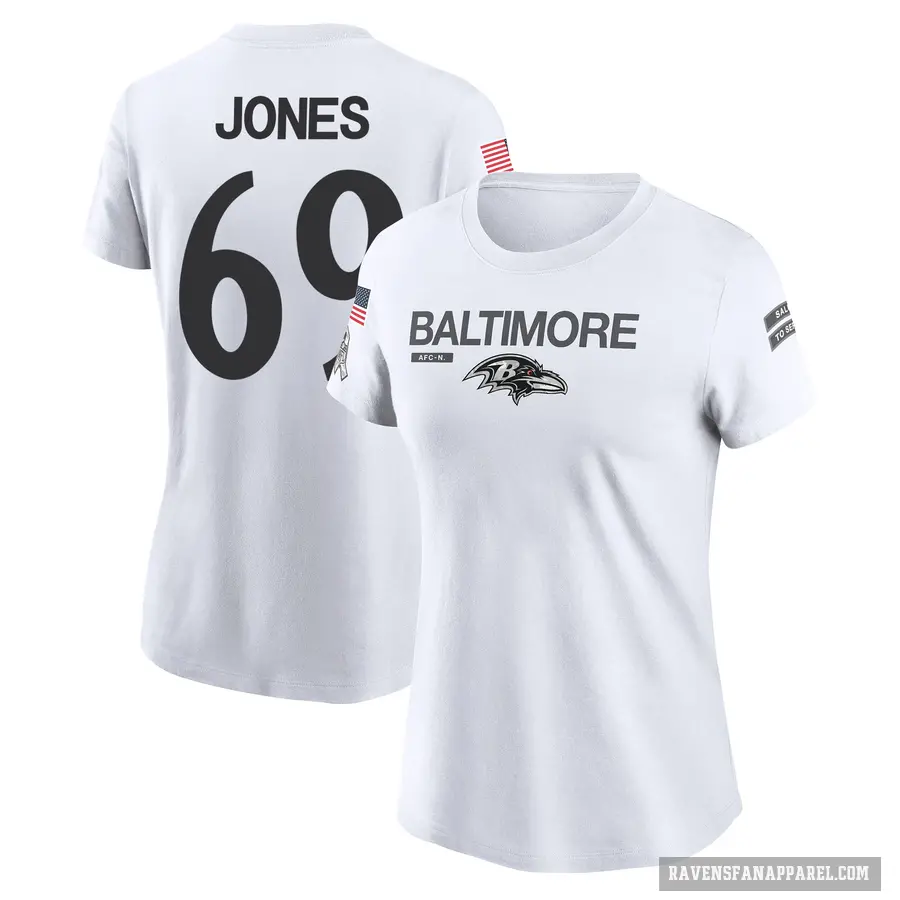 Women's ＃69 Jayson Jones Baltimore Ravens White 2024 Salute to Service Performance T-Shirt