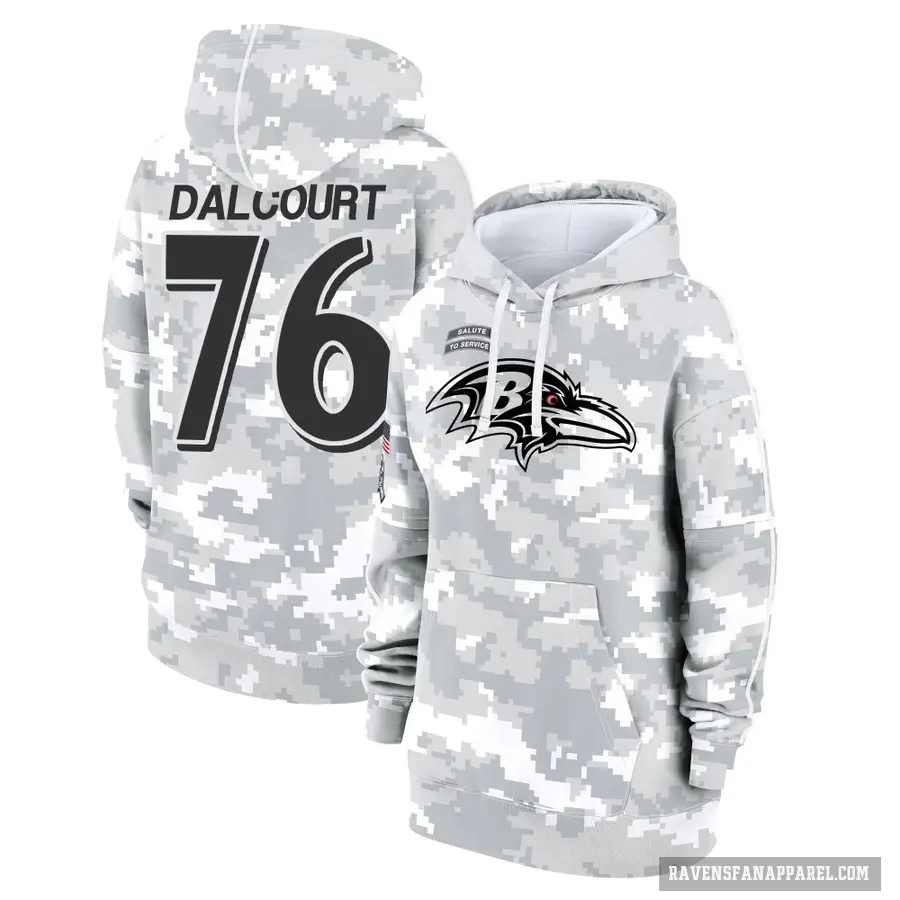Women's ＃76 Darrian Dalcourt Baltimore Ravens Arctic Camo 2024 Salute to Service Club Fleece Pullover Hoodie