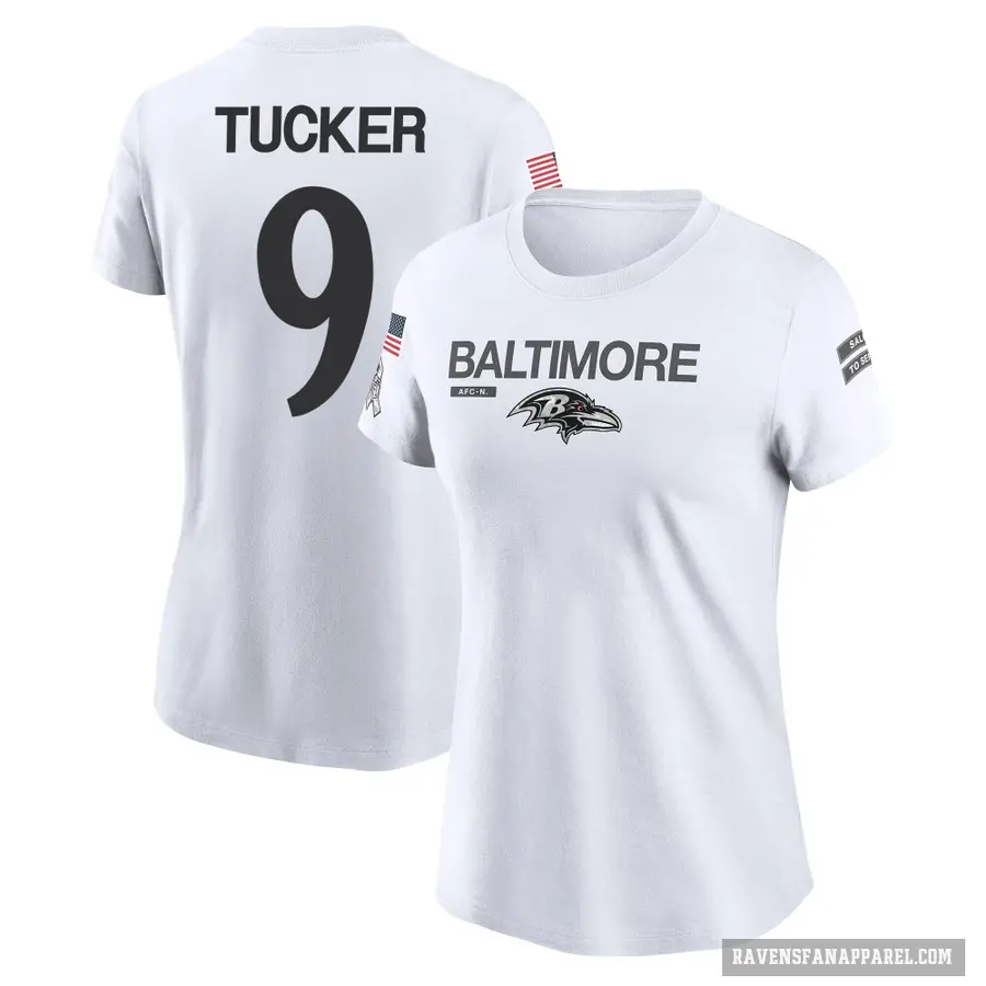 Women's ＃9 Justin Tucker Baltimore Ravens White 2024 Salute to Service Performance T-Shirt