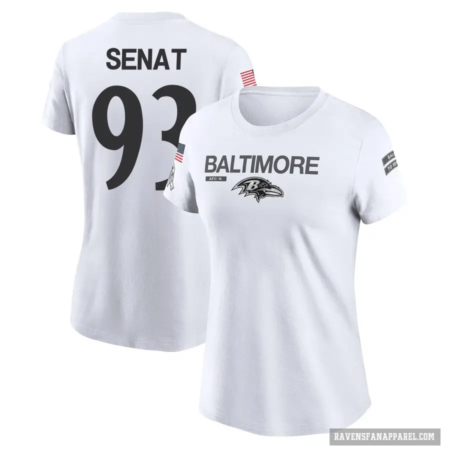 Women's ＃93 Deadrin Senat Baltimore Ravens White 2024 Salute to Service Performance T-Shirt